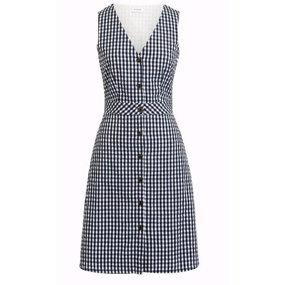 J.Crew Factory Gingham Button Front Dress Womens Size 18 Navy White V Neck